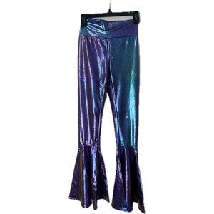 Iridescent Green Rave Festival Costumes Boho Hippie Holographic High Waisted
